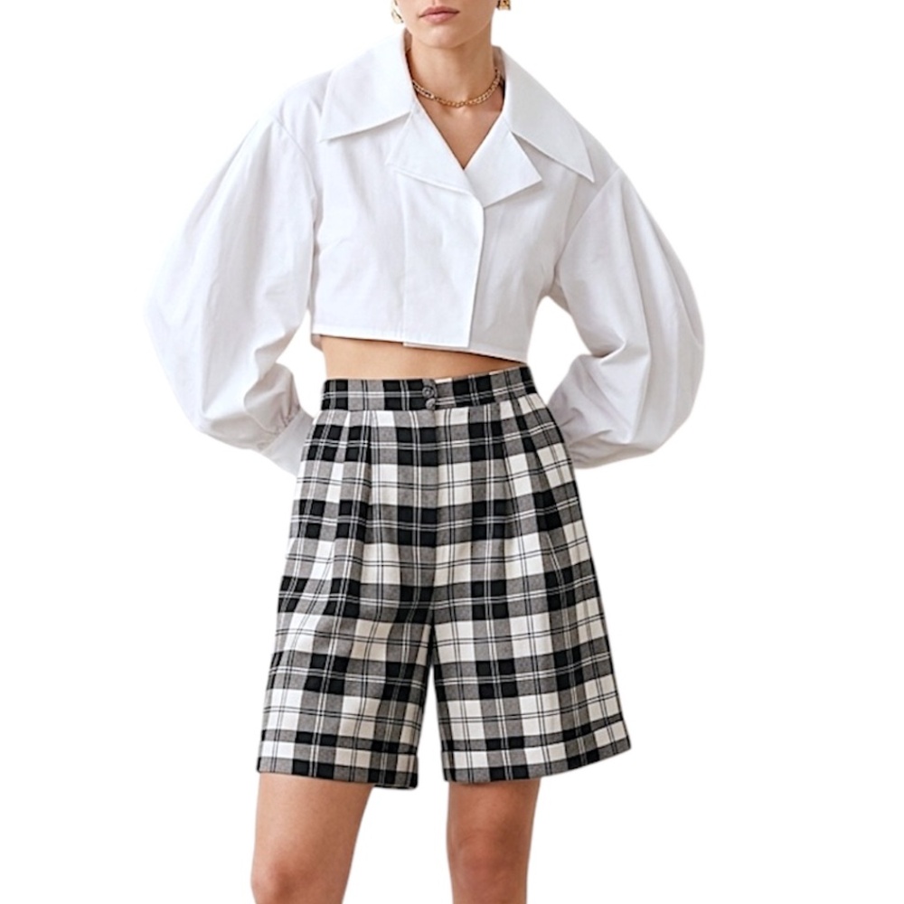 Vintage 80s 90s old money pleated black white check quiet luxury shorts M